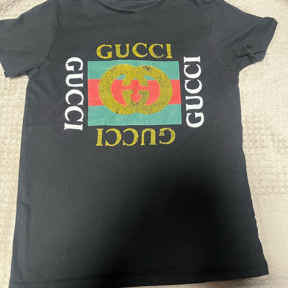 Gucci Black Tee with Green-Red Stripe and Yellow Logo